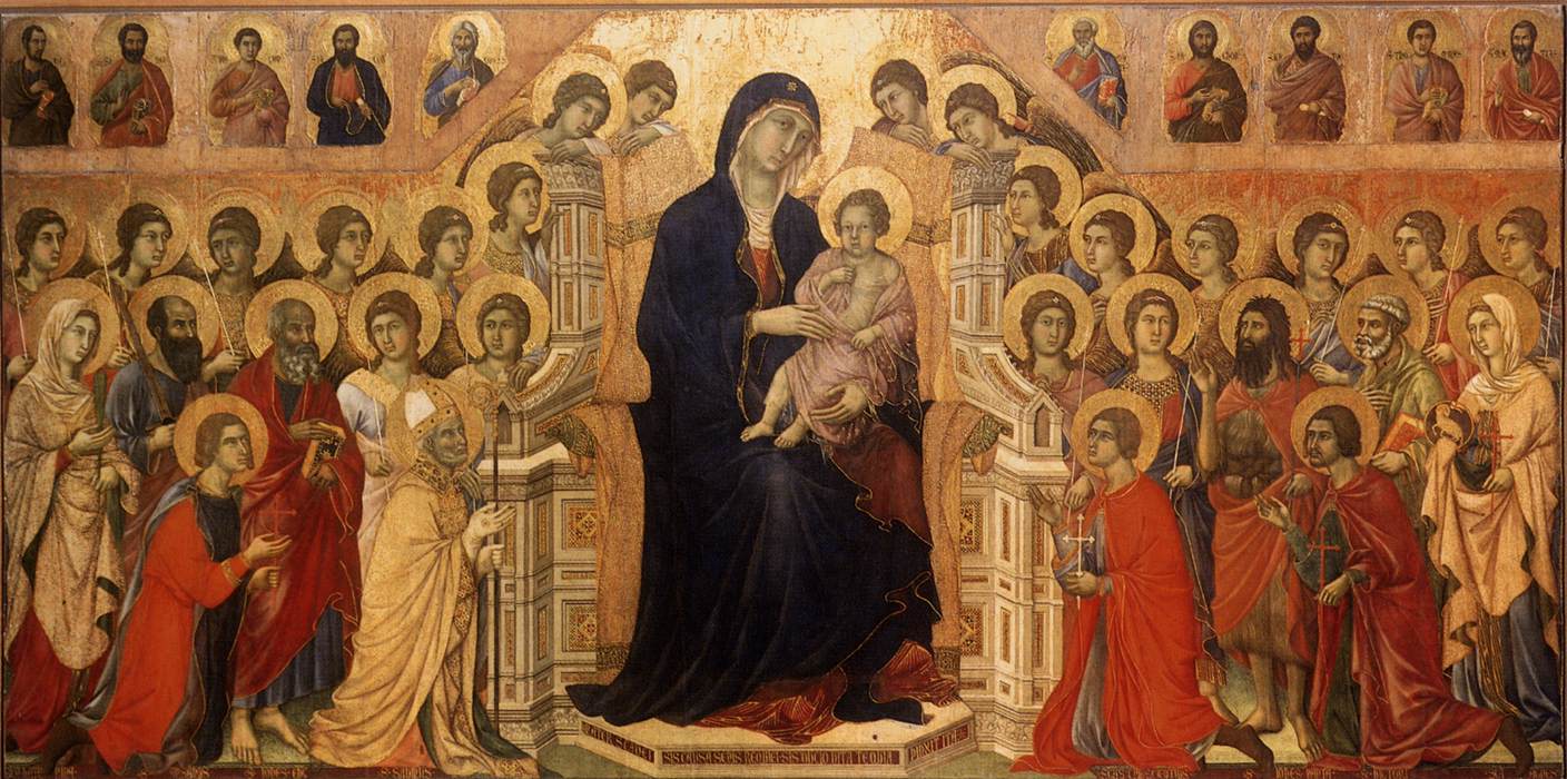 Duccio di Buoninsegna, Maestà, recto (1308-1311 ; tempera sur panneau, 214 x 412 cm ; Sienne, Museo dell'Opera del Duomo)