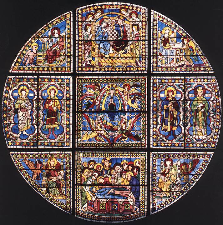 Duccio di Buoninsegna, Vetrata con Assunzione della Vergine (1288; vetro dipinto, diametro 700 cm; Siena, Museo dell'Opera del Duomo)
