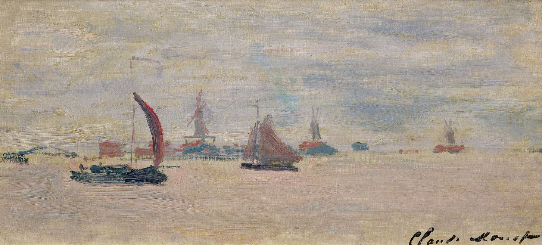 Claude Monet, Veduta della Voorzaan (1871; olio su tela, 18x38 cm; Parigi, Musée Marmottan Monet, lascito Roger Hauser, 1990 Inv. 5239) © Musée Marmottan Monet, Académie des beaux-arts, Paris
 Claude Monet, Veduta della Voorzaan (1871; olio su tela, 18x38 cm; Parigi, Musée Marmottan Monet, lascito Roger Hauser, 1990 Inv. 5239) © Musée Marmottan Monet, Académie des beaux-arts, Paris