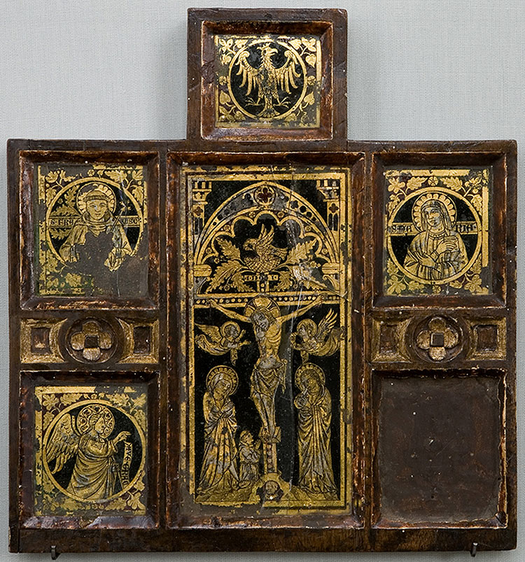 Fra' Pietro Teutonico, Anconetta portatile con Crocifissione, Aquila, Vergine annunciata e Angelo annunciante, San Francesco (fine del XIII-inizio del XIV secolo; vetro graffiato e dorato, 26,5 x 25 cm; La Spezia, Museo Civico Amedeo Lia)
 Fra' Pietro Teutonico, Anconetta portatile con Crocifissione, Aquila, Vergine annunciata e Angelo annunciante, San Francesco (fine del XIII-inizio del XIV secolo; vetro graffiato e dorato, 26,5 x 25 cm; La Spezia, Museo Civico Amedeo Lia)