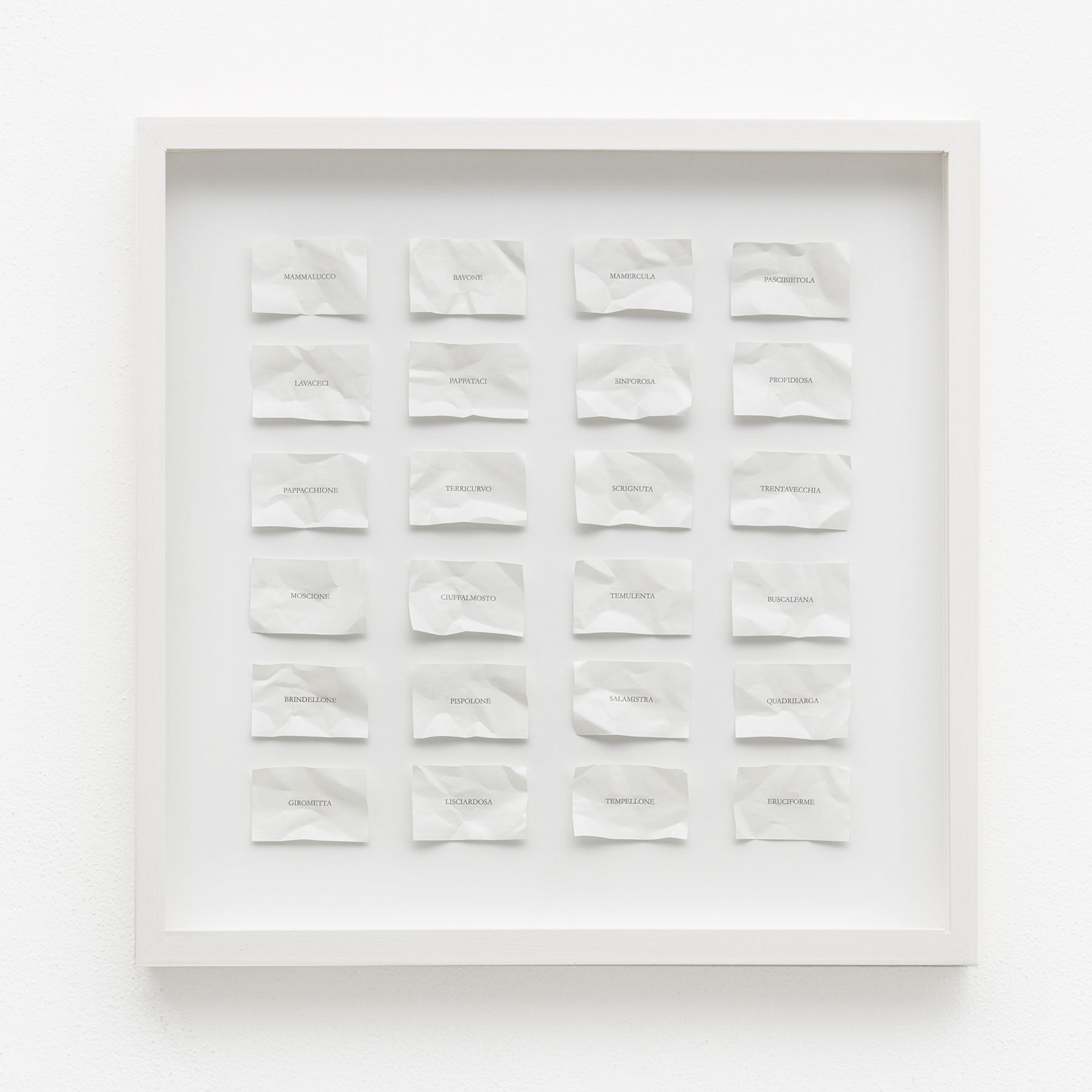 Sabrina D’Alessandro, Archivio di ingiurie in una redamazione rimpedulata (2011; ingiurie di carta su cartone telato)
