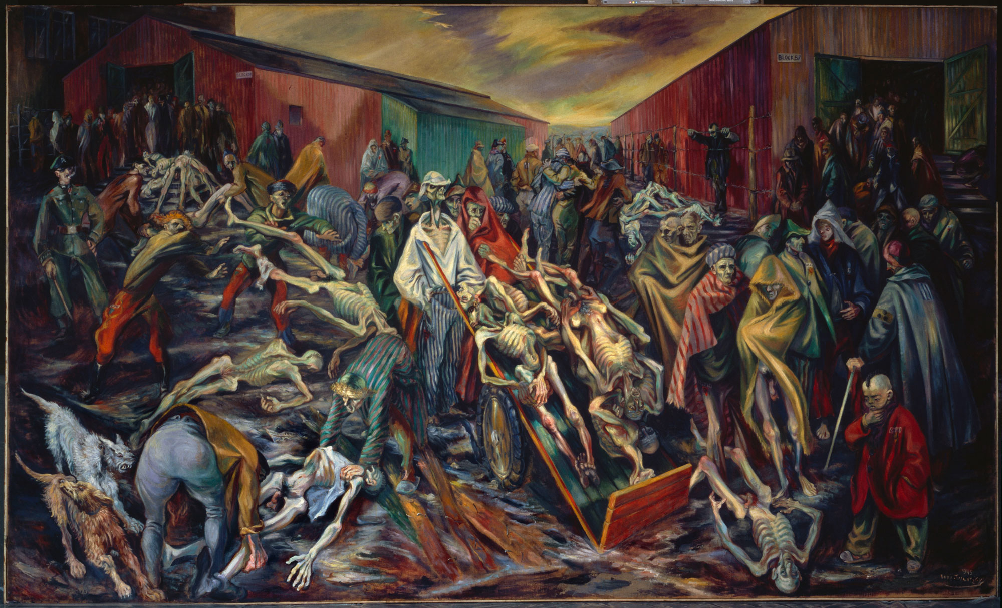Boris Taslitzky, Le petit camp à Buchenwald [Piccolo campo a Buchenwald] (1945; olio su tela, 300 x 500 cm; Parigi, Centre Pompidou, Musée national d’art moderne – Centre de création industrielle, inv. AM 2743 P)
