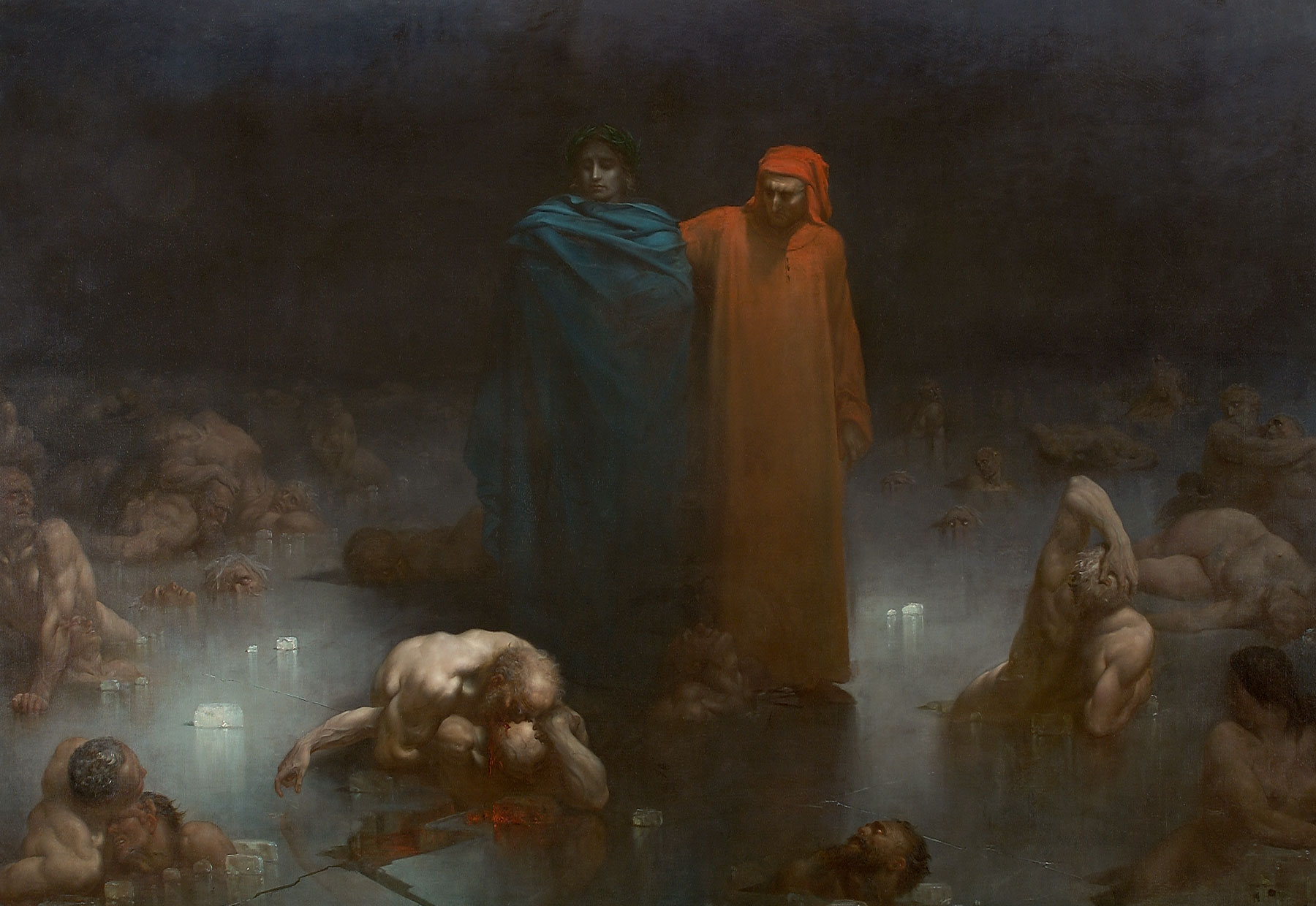 Gustave Doré, Virgile et Dante dans le neuvième cercle de l’Enfer [Virgilio e Dante nel nono girone dell’Inferno] (1861; olio su tela, 315 x 450 cm; Bourg-en-Bresse, Centre des Monuments Nationaux – Musée du Monastère Royal de Brou, inv. 982.234)
