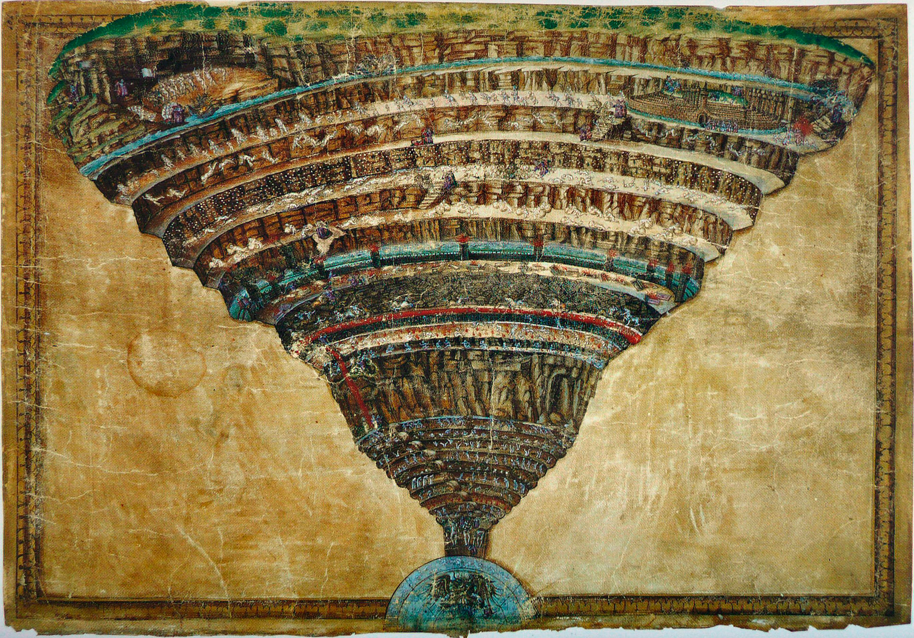 Sandro Botticelli, La Divina Commedia: la voragine infernale (1481-1488; punta d’argento e inchiostro su pergamena, 332 x 475 mm; Città del Vaticano, Biblioteca Apostolica Vaticana, inv. Reginense Lat. 1896, pt. A, f. 101r)
 Sandro Botticelli, La Divina Commedia: la voragine infernale (1481-1488; punta d’argento e inchiostro su pergamena, 332 x 475 mm; Città del Vaticano, Biblioteca Apostolica Vaticana, inv. Reginense Lat. 1896, pt. A, f. 101r)