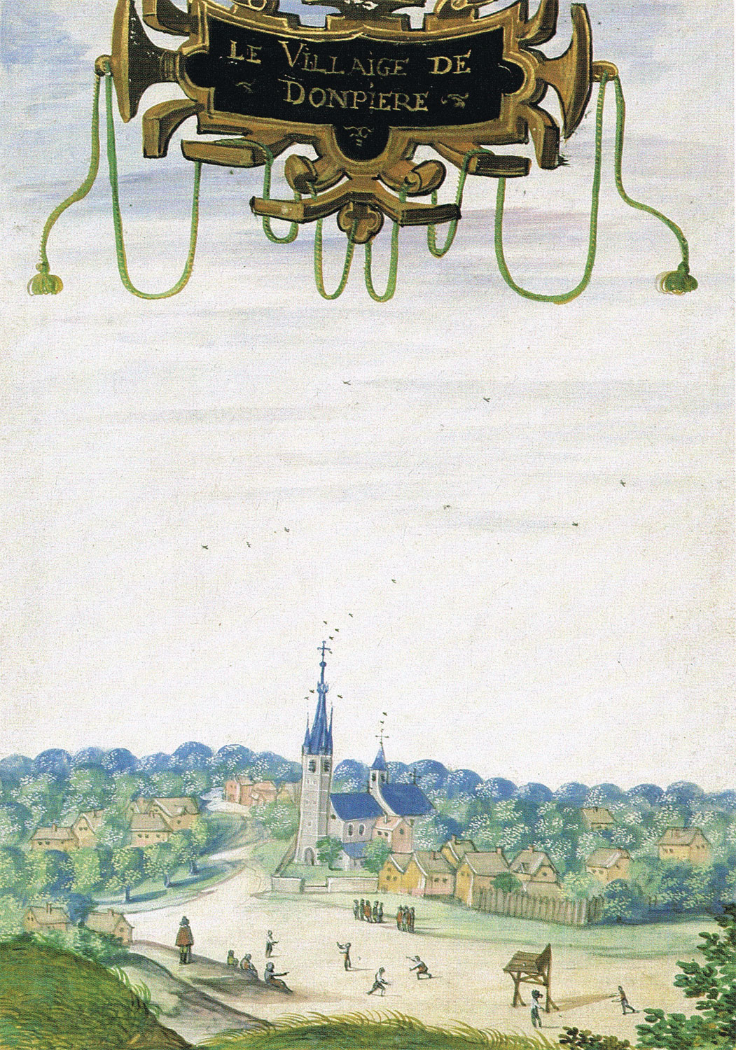Adrien de Montigny, Le village de Dompière (1598, dalla Description particlaire de tout le Pais et Comté de Hainaut; Vienna, Österreichische Nationalbibliothek, Cod.min.50, vol. 12, fol. 42v)
