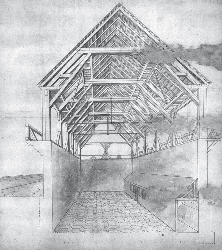 Heinrich Schickhardt, Ballhaus di Stoccarda (1627; inchiostro e penna su carta; Stoccarda, Landesarchiv Baden-Württemberg)
