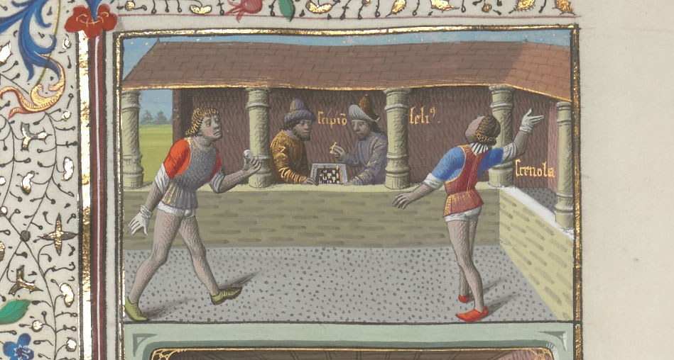 Maître François (attribuito), Jeu de Paume (XV secolo; manoscritto miniato; Londra, British Library, MS. Harley 4375, fol. 151v)
