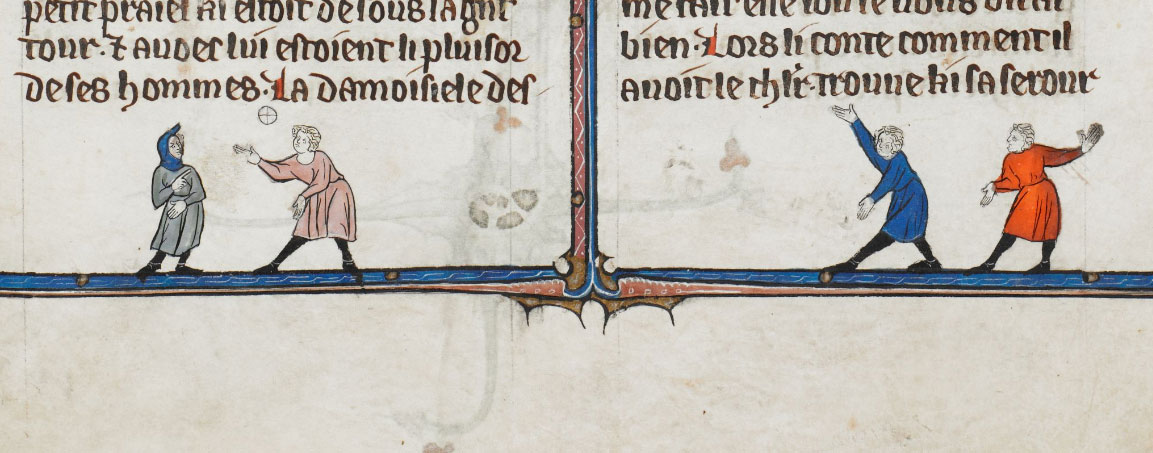 Anonimo miniatore, Jeu de Paume (inizi del XIV secolo; manoscritto miniato; Londra, British Library, MS. Royal 20. d.IV, fol. 207v)
