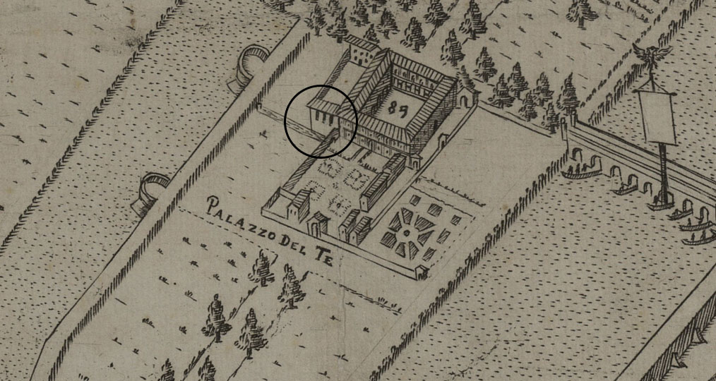 Dalla Urbis Mantuae Descriptio di Gabriele Bertazzolo: l'edificio cerchiato è quello in cui si giocava a tennis a Palazzo Te
