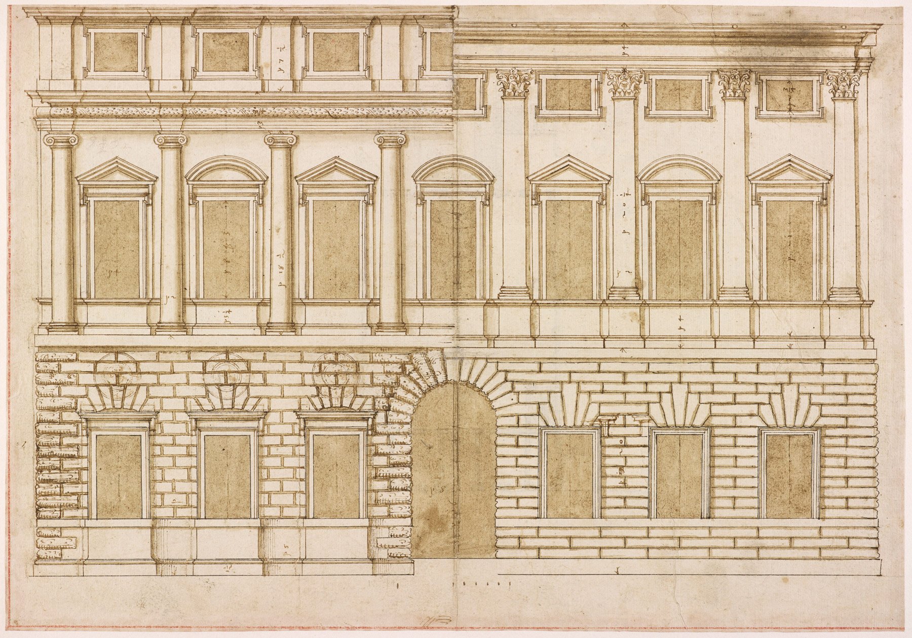 Andrea Palladio, Palazzo Porto, Vicenza: due varianti per la facciata (seconda metà anni Quaranta del XVI secolo; inchiostro ferrogallico, penna e pennello su carta, parziale bordatura a inchiostro rosso; Londra, Riba Collections) Credit: ©  Riba Collections
