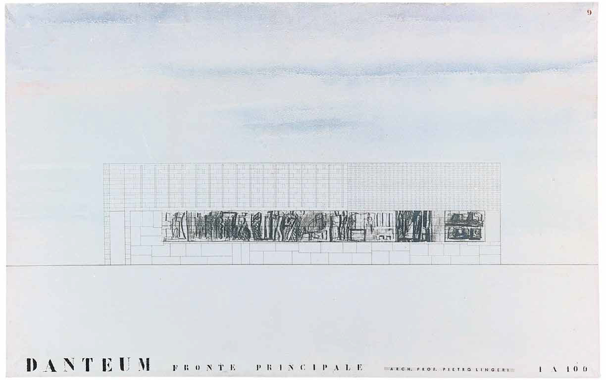 Pietro Lingeri, Giuseppe Terragni, Progetto per il Danteum, Fronte principale (1938; china e acquerello su carta Fabriano su telaio di legno, 103 x 65 cm; Milano, Archivio Lingeri)
 Pietro Lingeri, Giuseppe Terragni, Progetto per il Danteum, Fronte principale (1938; china e acquerello su carta Fabriano su telaio di legno, 103 x 65 cm; Milano, Archivio Lingeri)