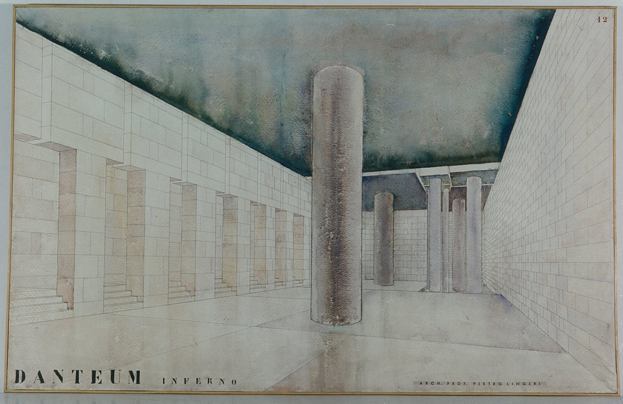 Pietro Lingeri, Giuseppe Terragni, Progetto per il Danteum, Prospettiva della sala dell’Inferno (1938; china e acquarello su carta Fabriano su telaio in legno, 106 x 65 cm; Milano, Archivio Pietro Lingeri)
 Pietro Lingeri, Giuseppe Terragni, Progetto per il Danteum, Prospettiva della sala dell’Inferno (1938; china e acquarello su carta Fabriano su telaio in legno, 106 x 65 cm; Milano, Archivio Pietro Lingeri)