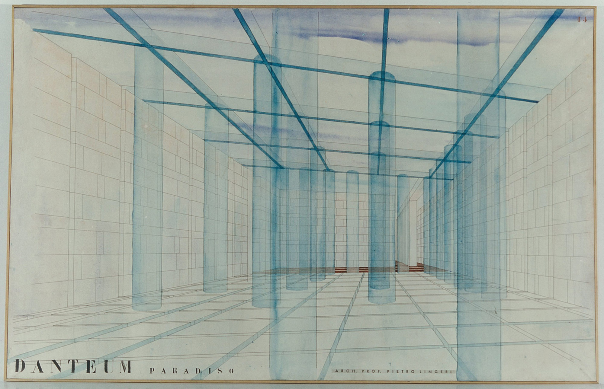 Pietro Lingeri, Giuseppe Terragni, Progetto per il Danteum, Prospettiva della sala del Paradiso (1938; china e acquarello su carta Fabriano su telaio in legno, 106 x 65 cm; Milano, Archivio Pietro Lingeri)
 Pietro Lingeri, Giuseppe Terragni, Progetto per il Danteum, Prospettiva della sala del Paradiso (1938; china e acquarello su carta Fabriano su telaio in legno, 106 x 65 cm; Milano, Archivio Pietro Lingeri)
