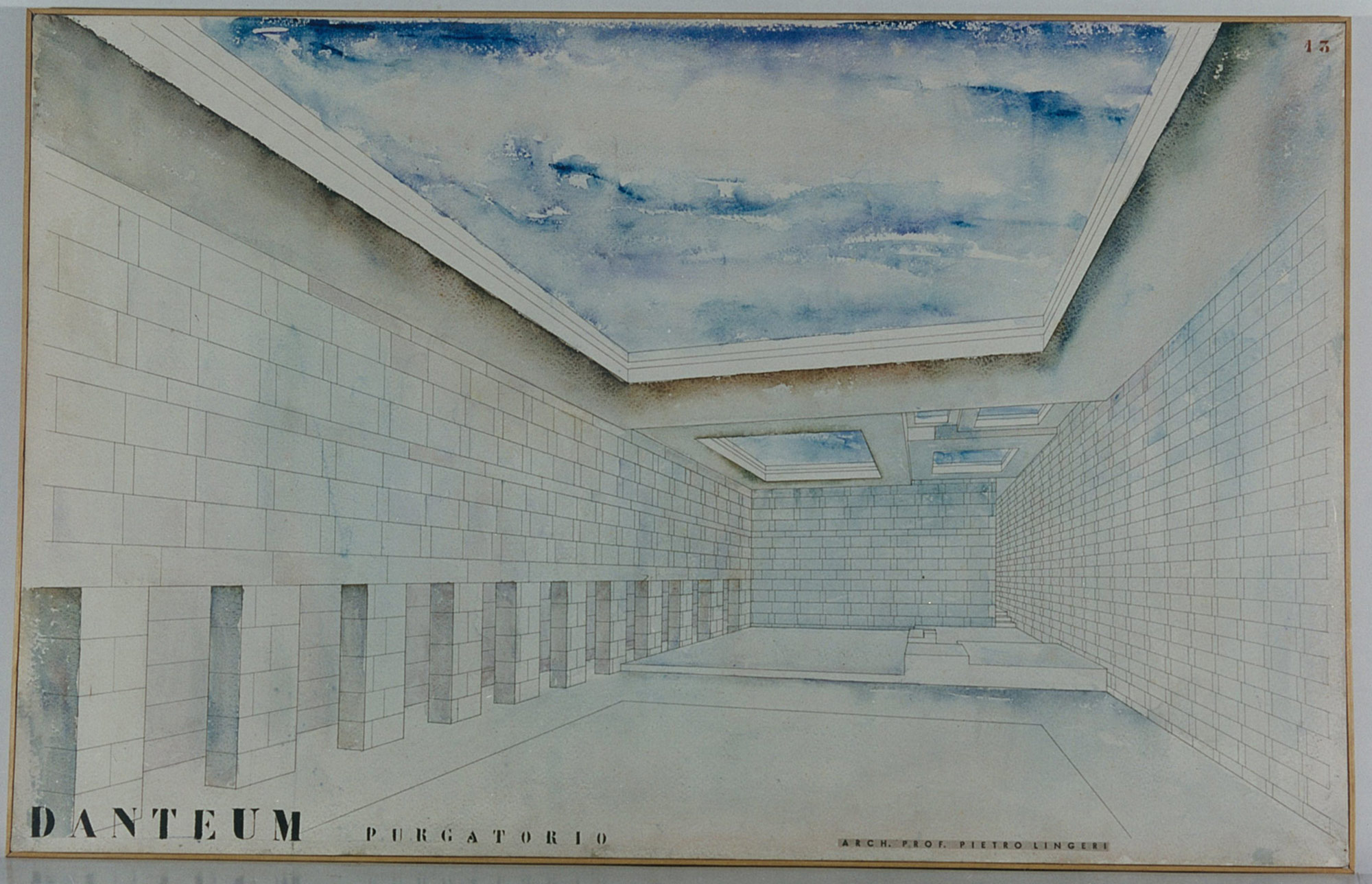 Pietro Lingeri, Giuseppe Terragni, Progetto per il Danteum, Prospettiva della sala del Purgatorio (1938; china e acquarello su carta Fabriano su telaio in legno, 106 x 65 cm; Milano, Archivio Pietro Lingeri)
 Pietro Lingeri, Giuseppe Terragni, Progetto per il Danteum, Prospettiva della sala del Purgatorio (1938; china e acquarello su carta Fabriano su telaio in legno, 106 x 65 cm; Milano, Archivio Pietro Lingeri)