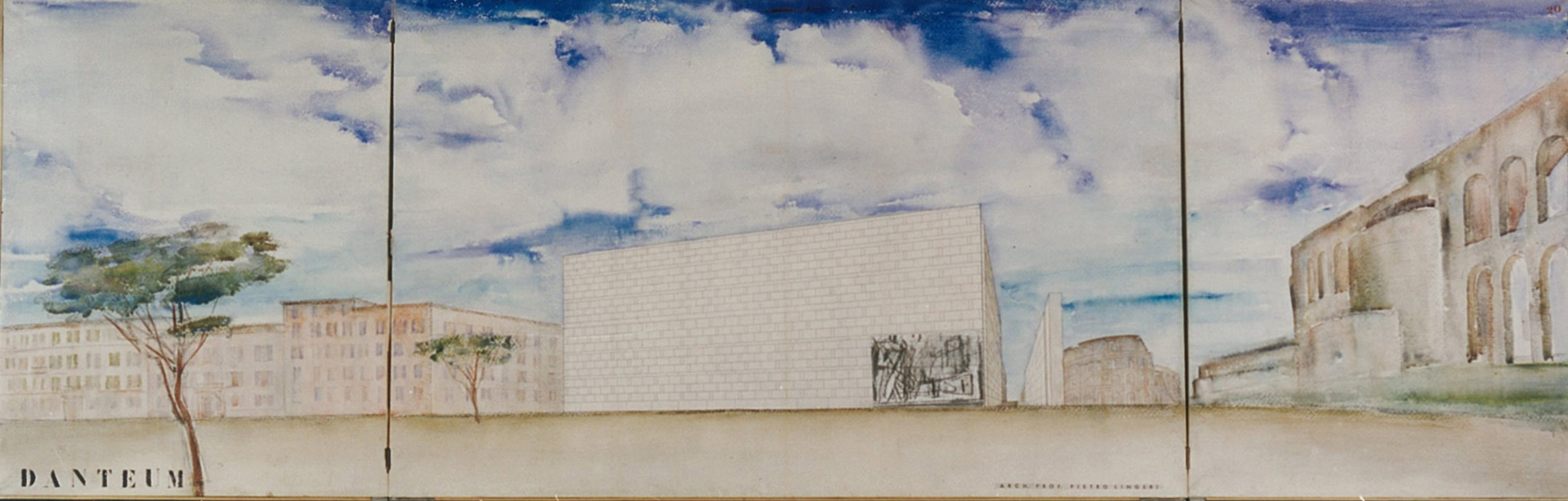 Pietro Lingeri, Giuseppe Terragni, Progetto per il Danteum, Trittico: veduta prospettica verso il Colosseo con bassorilievi di Mario Sironi (1938; china e acquerello su carta Fabriano su telaio di legno, 206 x 65 cm; Milano, Archivio Lingeri)
 Pietro Lingeri, Giuseppe Terragni, Progetto per il Danteum, Trittico: veduta prospettica verso il Colosseo con bassorilievi di Mario Sironi (1938; china e acquerello su carta Fabriano su telaio di legno, 206 x 65 cm; Milano, Archivio Lingeri)