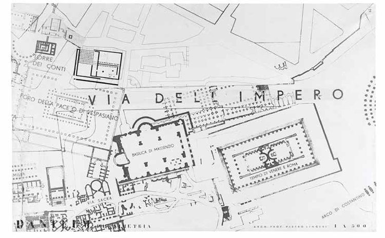 Pietro Lingeri, Giuseppe Terragni, Progetto per il Danteum, Planimetria 1 : 500 (1938; china e acquerello su carta Fabriano su telaio di legno, 103 x 65 cm; Milano, Archivio Lingeri)
 Pietro Lingeri, Giuseppe Terragni, Progetto per il Danteum, Planimetria 1 : 500 (1938; china e acquerello su carta Fabriano su telaio di legno, 103 x 65 cm; Milano, Archivio Lingeri)