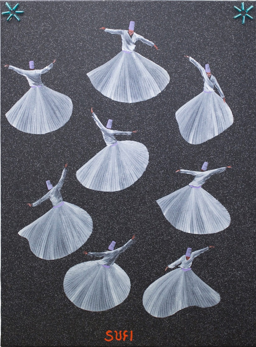 Aldo Mondino, Sufi (2004; olio e cioccolatini su linoleum, 190 x 140 cm)
