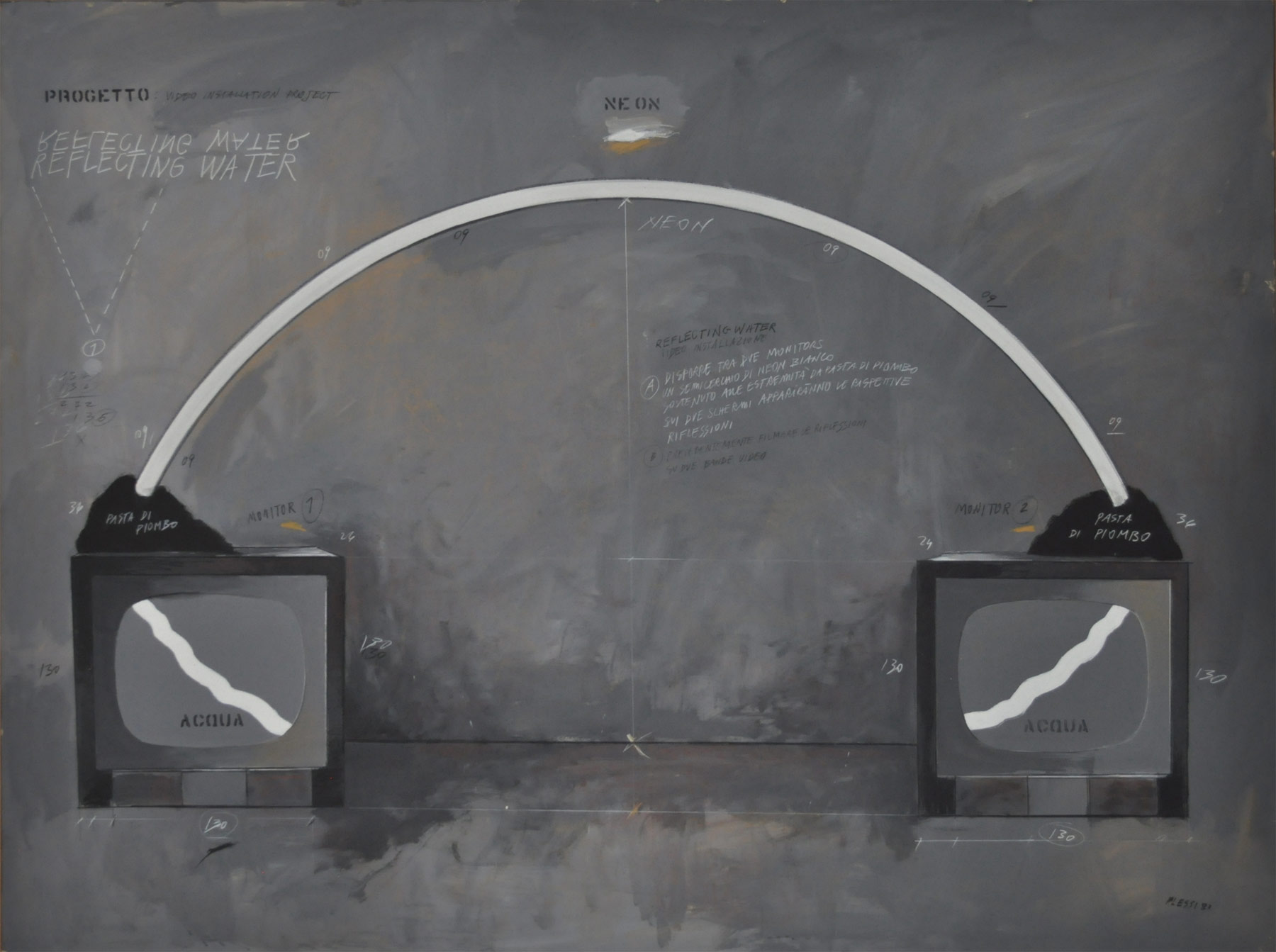 Fabrizio Plessi, Video installazione. Project reflecting water (1982; tecnica mista su carta intelata, 150 x 200 cm)
