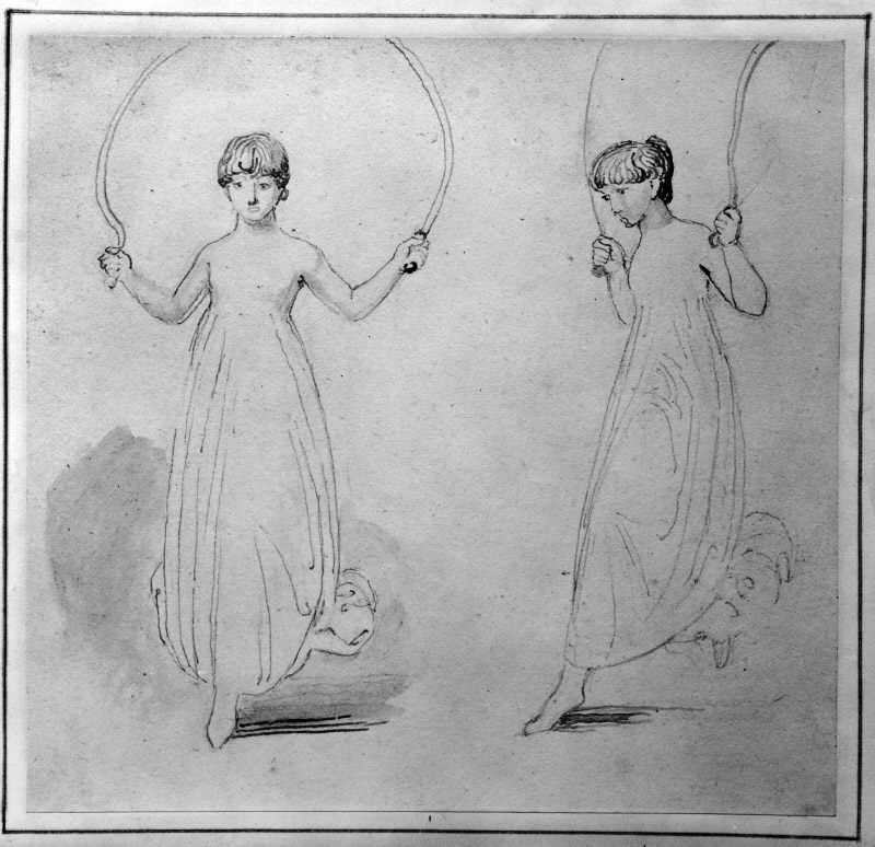 John Flaxman, Due studî di una fanciulla che salta la corda (s.d., 150 x 160 mm; disegno a penna su carta; Stoccolma, Nationalmuseum, inv. NMH 57/1976)
