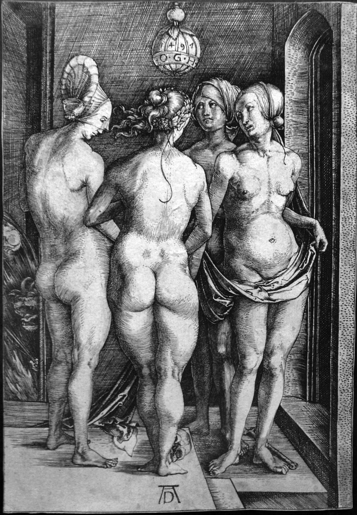 Albrecht Dürer, Le quattro Streghe (1497; incisione a bulino, 190 x 131 mm; Pavia, collezione Giuseppe Simoni)
