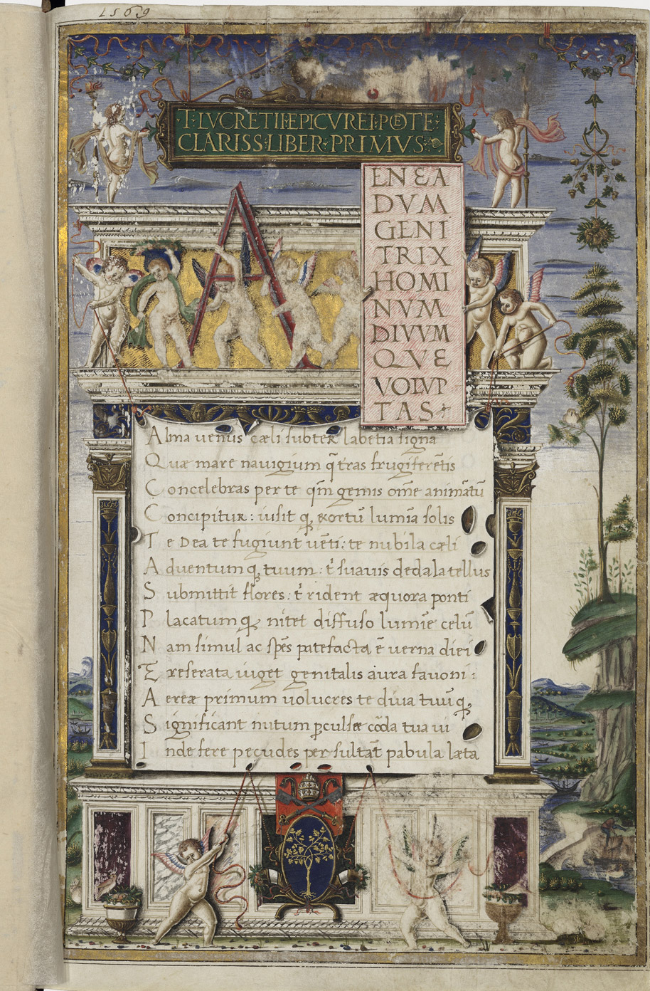 Frontespizio architettonico con amorini del De Rerum Natura di Lucrezio (1483; manoscritto per Papa Sisto IV, 285 x 190 x 43 mm; Città del Vaticano, Biblioteca Apostolica Vaticana)
