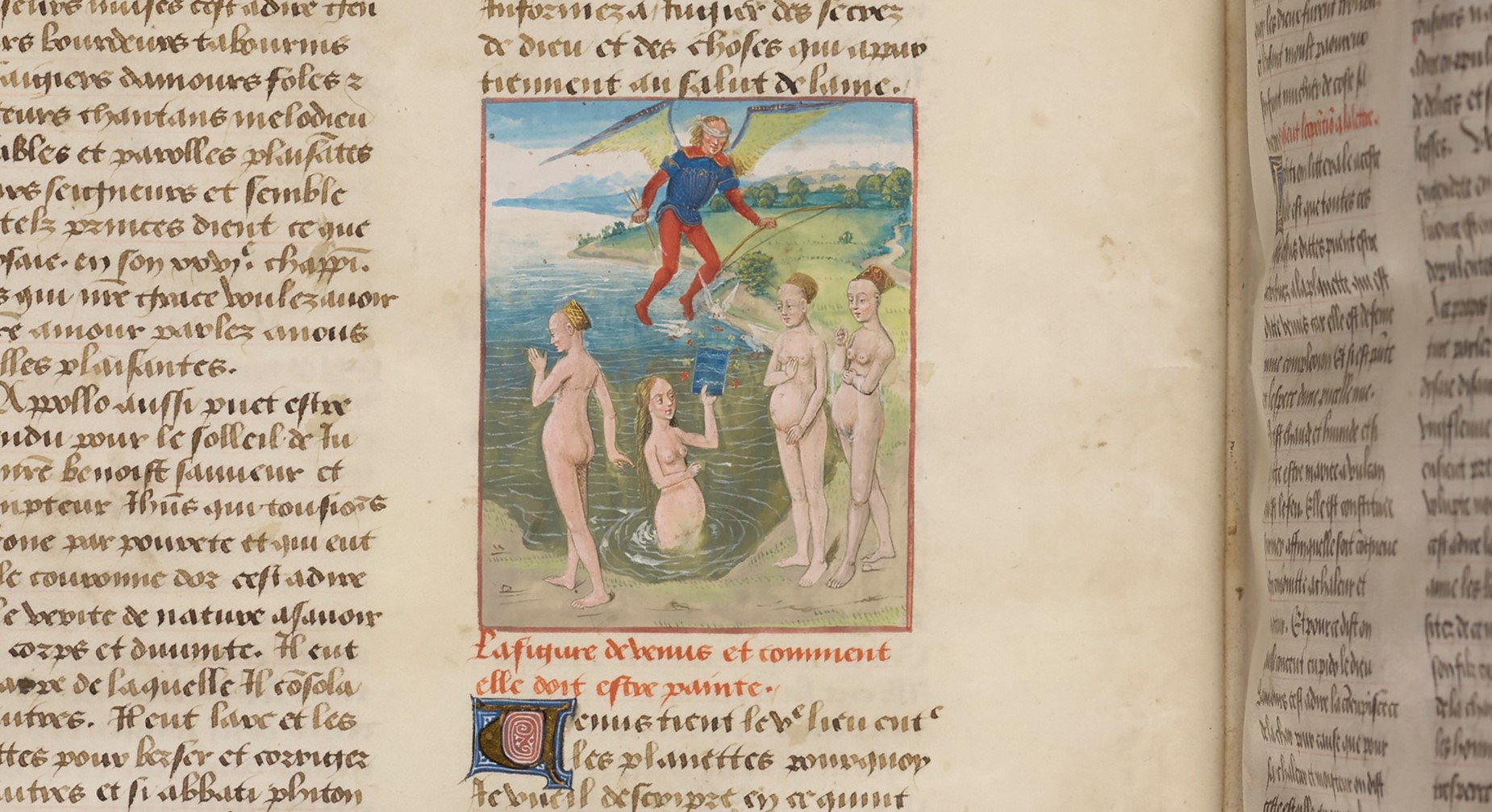 Bottega di (?) Maître de Rambures, La figure de Venus et comment elle doit estre painte, miniatura in Les Metamorphoses d’Ovide, traduites [en vers français] et moralisées (XV secolo; manoscritto miniato, 440 x 330 mm; Copenhagen, Det Kgl. Bibliotek)
