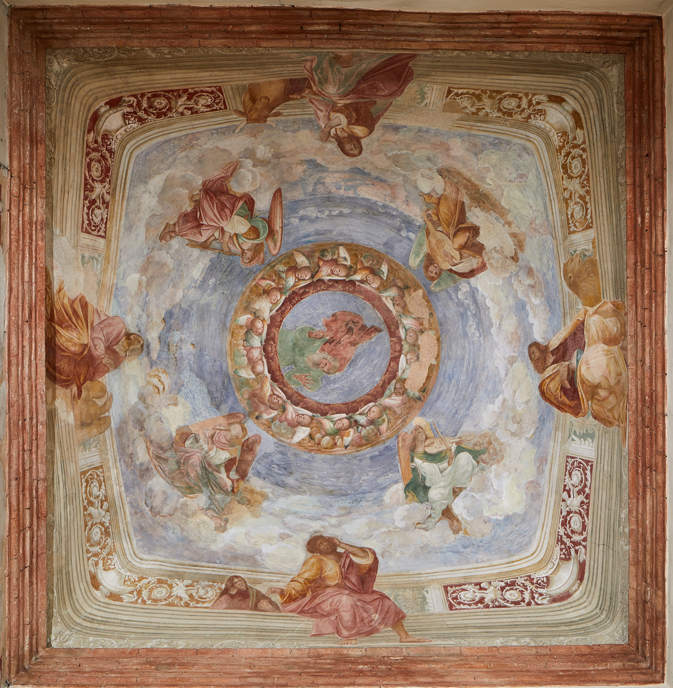 Bernardino e Francesco Zaganelli, Il Padreterno con angeli musicanti ed Evangelisti nella volta della Cappella Sforzesca (1490-1500; affresco; Cotignola, Chiesa di San Francesco)
