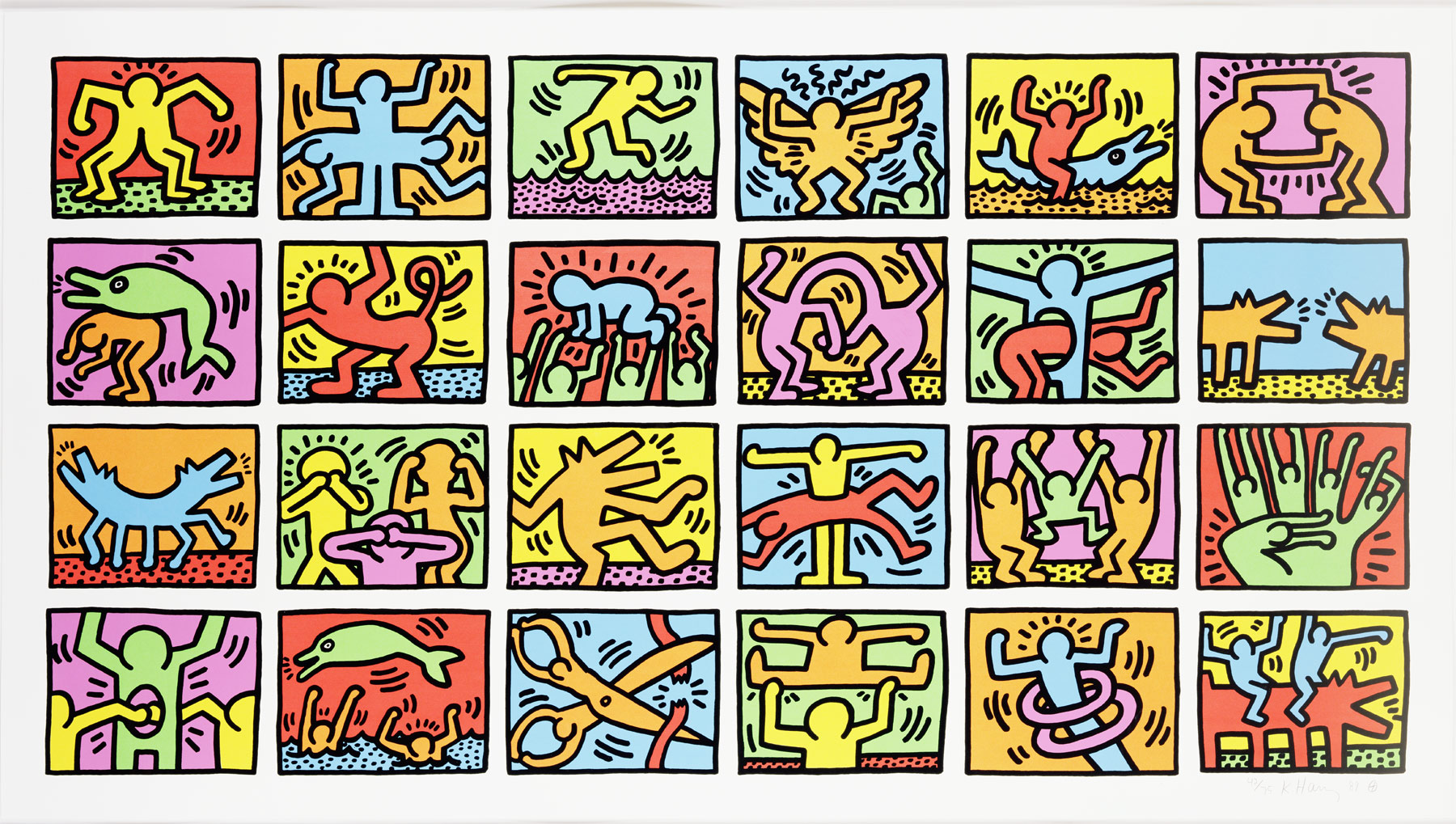Keith Haring, Retrospect (1989; serigrafia su carta, 117 x 208 cm, ed. 42/75; Hokuto, Nakamura Keith Haring Collection)

