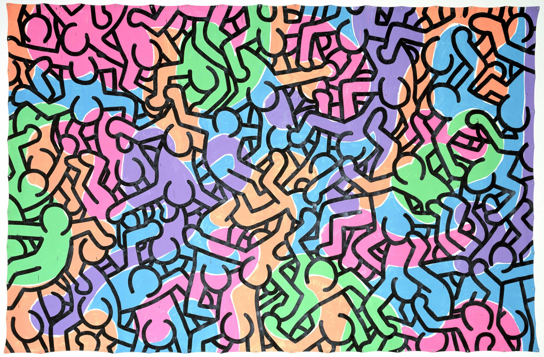 Keith Haring, Untitled (People) (1985; acrilico e olio su mussola, 304,8 x 396,2 cm; Hokuto, Nakamura Keith Haring Collection)
