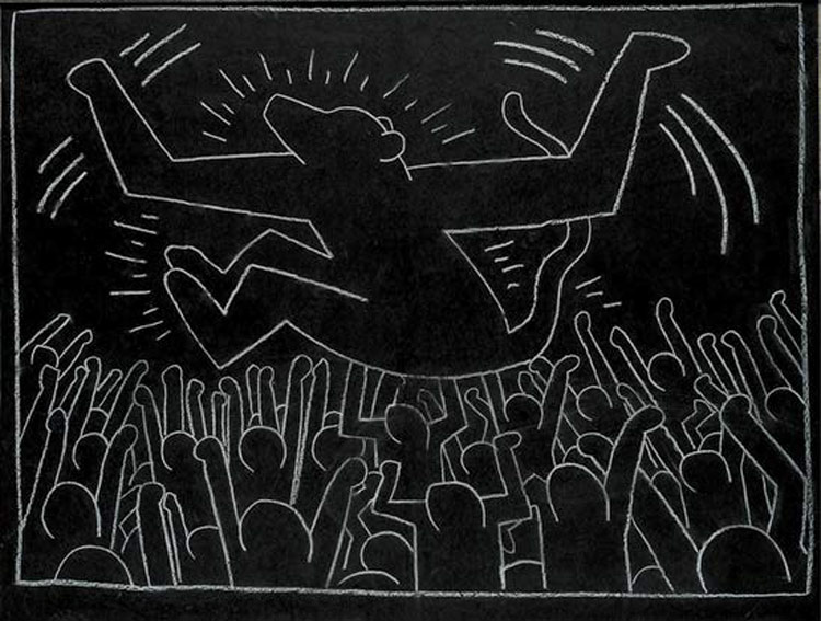 Keith Haring, Untitled, dalla serie Subway Drawings (1981-1983; gesso bianco su carta nera montato sul cartellone originale della metropolitana, 123,5 x 172,2 cm; Hokuto, Nakamura Keith Haring Collection)
