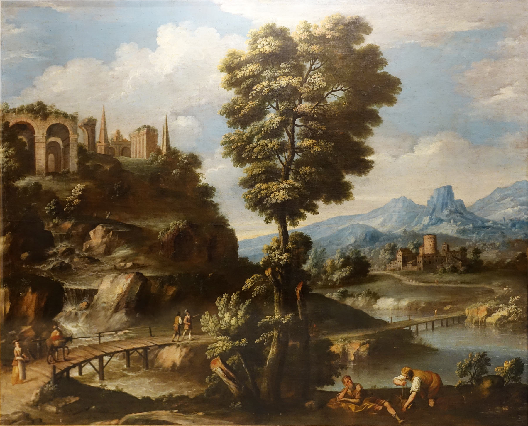 Giuseppe Zola, Paesaggio con cascata e rovine (olio su tela, 163 x 203 cm; Modena, BPER Banca)
