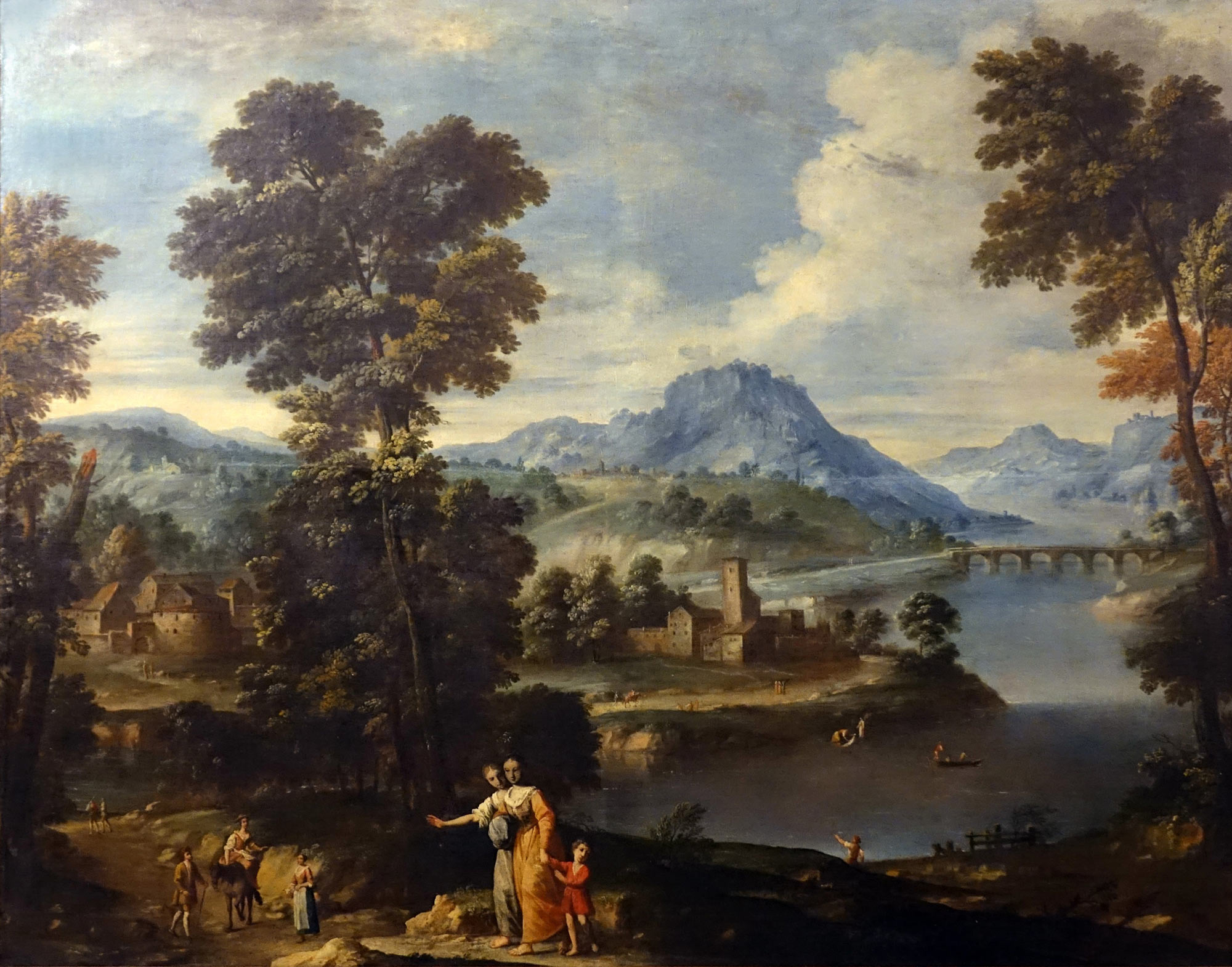 Giuseppe Zola, Paesaggio fluviale con lavandaie e un bambino (olio su tela, 163 x 203 cm; Modena, BPER Banca)
