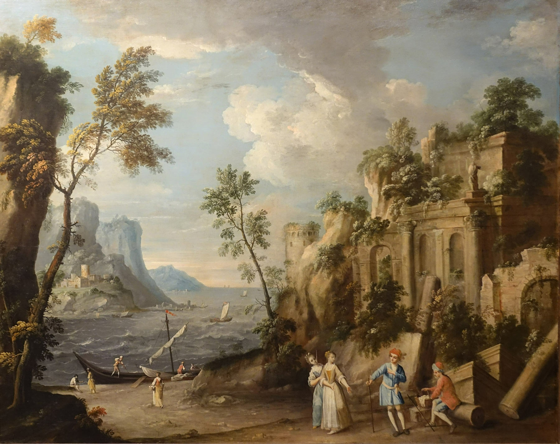 Giuseppe Zola, Scena portuale con rovine (olio su tela, 163 x 203 cm; Modena, BPER Banca)
