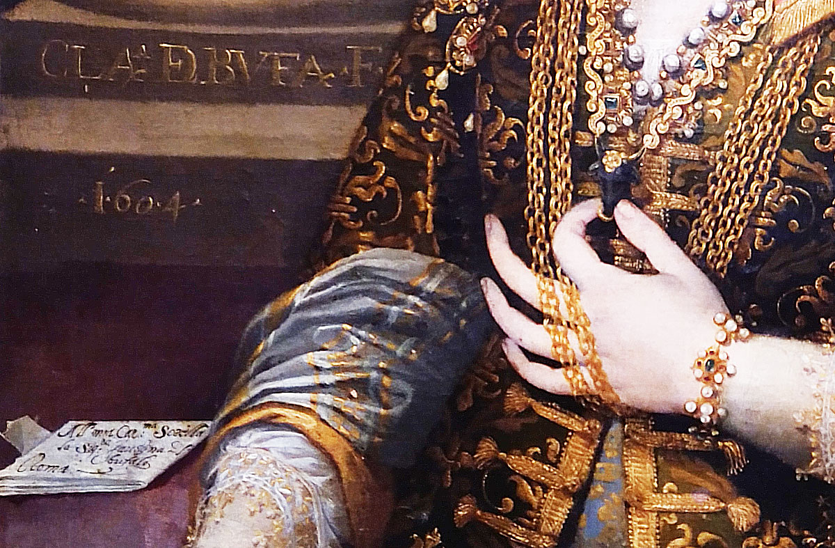 Claudia del Bufalo, Ritratto di Faustina del Bufalo, dettaglio della firma e della lettera
 Claudia del Bufalo, Ritratto di Faustina del Bufalo, dettaglio della firma e della lettera