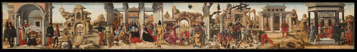 Ercole de’ Roberti, Storie di san Vincenzo Ferrer, dal Polittico Griffoni (1470-1472; tempera su tavola, 27,5 x 214 cm; Città del Vaticano, Musei Vaticani, Pinacoteca Vaticana, inv. 286)
 Ercole de’ Roberti, Storie di san Vincenzo Ferrer, dal Polittico Griffoni (1470-1472; tempera su tavola, 27,5 x 214 cm; Città del Vaticano, Musei Vaticani, Pinacoteca Vaticana, inv. 286)