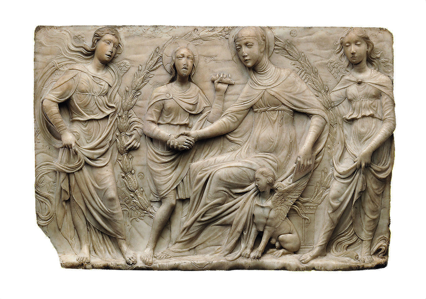 Agostino di Duccio, Santa Brigida di Svezia riceve la regola del suo ordine (1459; marmo, 42,5 x 63,8 x 7 cm; New York, The Metropolitan Museum)
