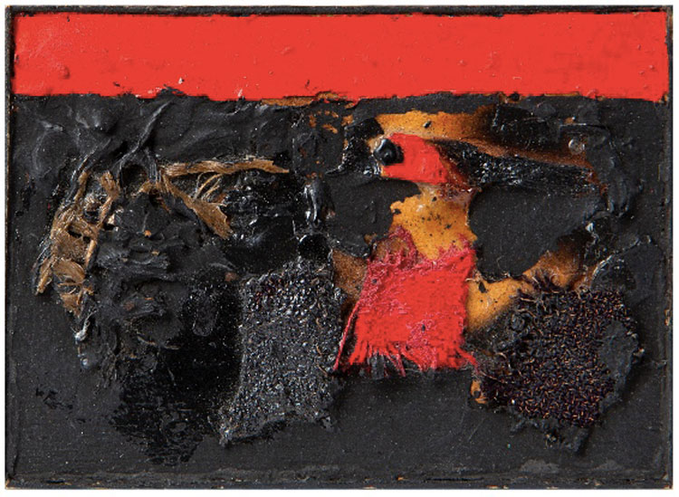 Alberto Burri, Senza Titolo (1958; tecnica mista su tavola, 4 x 5,7 cm). Presentato da Artemisia Fine Art
