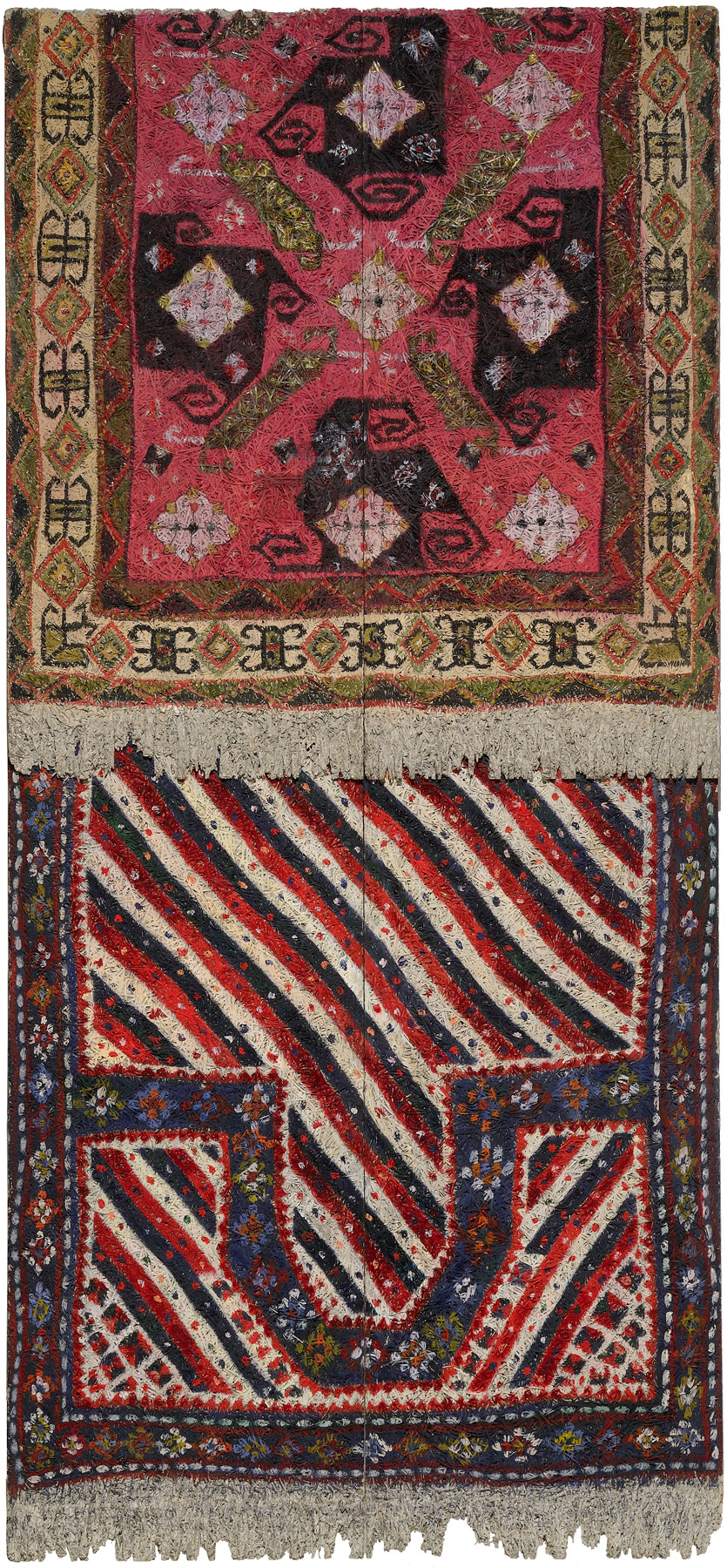 Aldo Mondino, Tappeti stesi (1992; olio su eraclite, 260 x 120 cm). Presentato da Umberto Benappi
