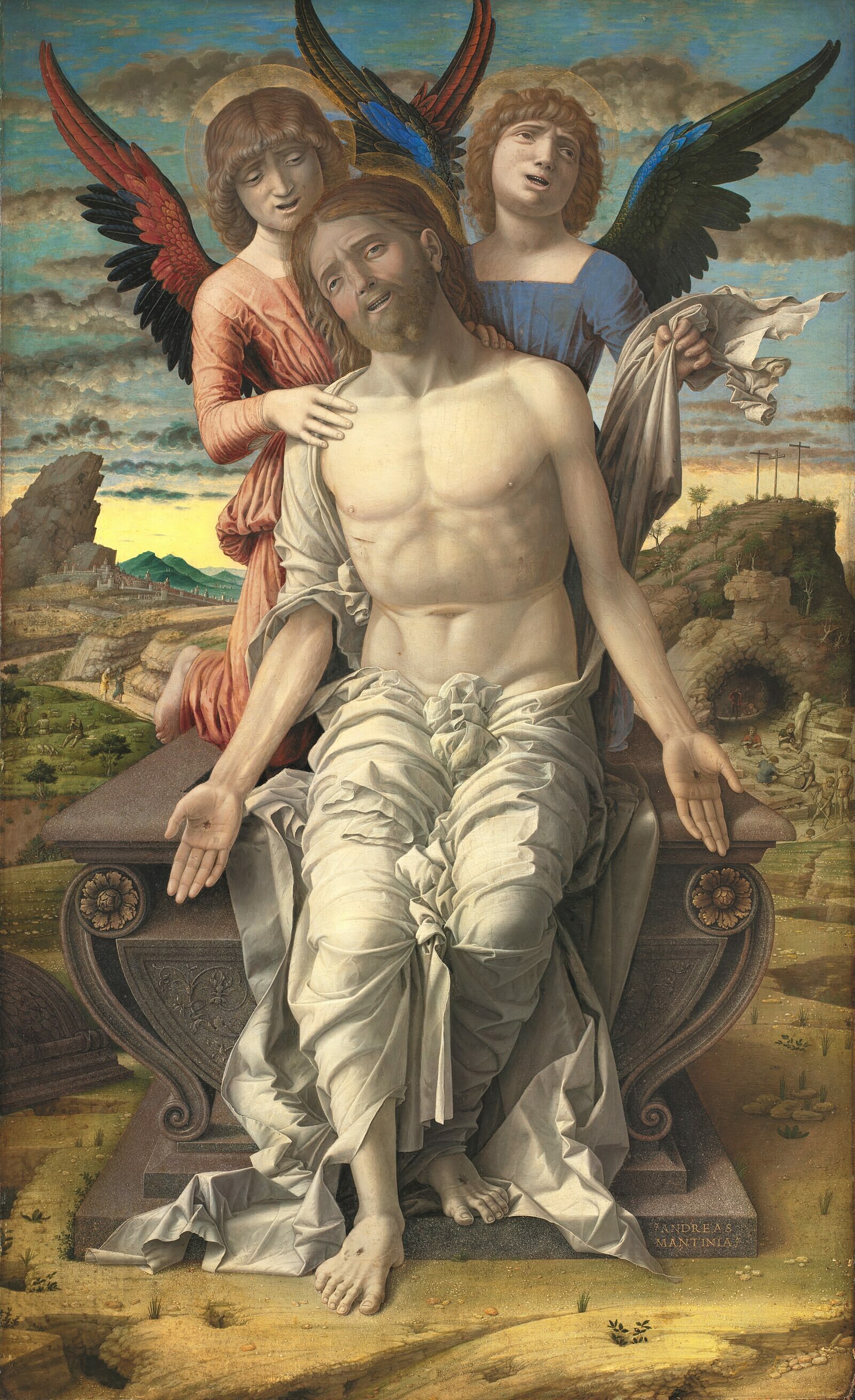 Andrea Mantegna, Cristo sorretto dagli angeli (1495-1500; tempera su tavola, 78 x 48 cm; Copenaghen, Statens Museum for Kunst)
