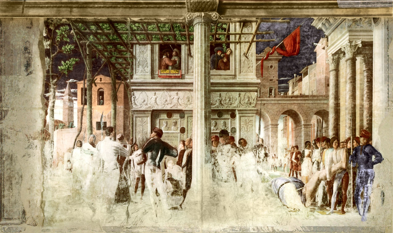 Andrea Mantegna, Martirio e trasporto del corpo di san Cristoforo (1454-1457; affresco, larghezza 664 cm; Padova, Eremitani, Cappella Ovetari)
