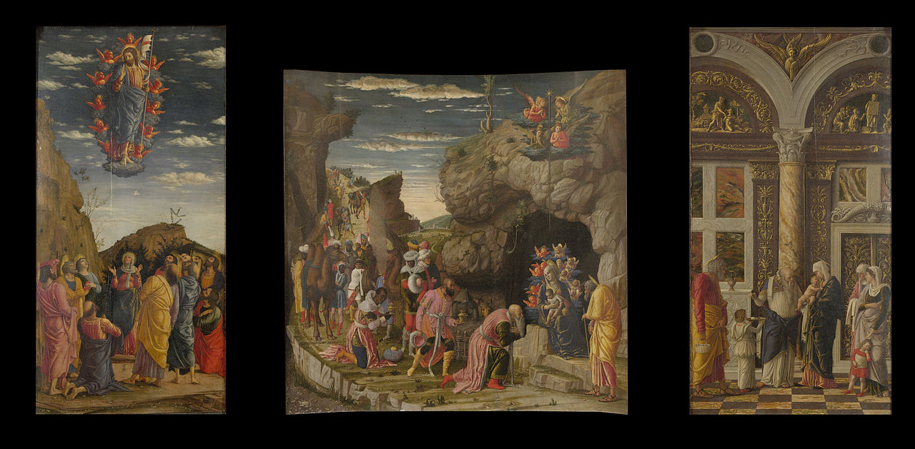Andrea Mantegna, Trittico degli Uffizi (1463-1464; tempera su tavola, 76,76,5 cm il pannello centrale, 86 x 42,5 cm gli scomparti laterali; Firenze, Uffizi)
