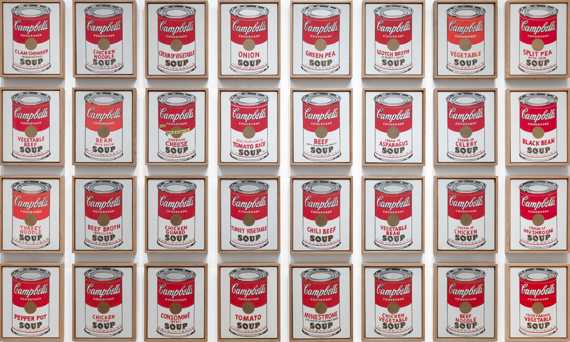Andy Warhol, Campbell's Soup Cans (1962; acrilico e smalto su tela, 32 pannelli, 50,8 x 40,6 cm ciascuno; New York, MoMA)
