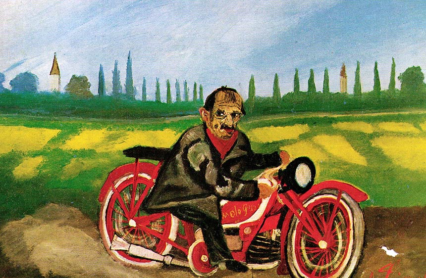 Opere di Antonio Ligabue, Autoritratto sulla moto (1953; olio su faesite 39 x 57 cm; Gualtieri, Fondazione Archivio Antonio Ligabue)