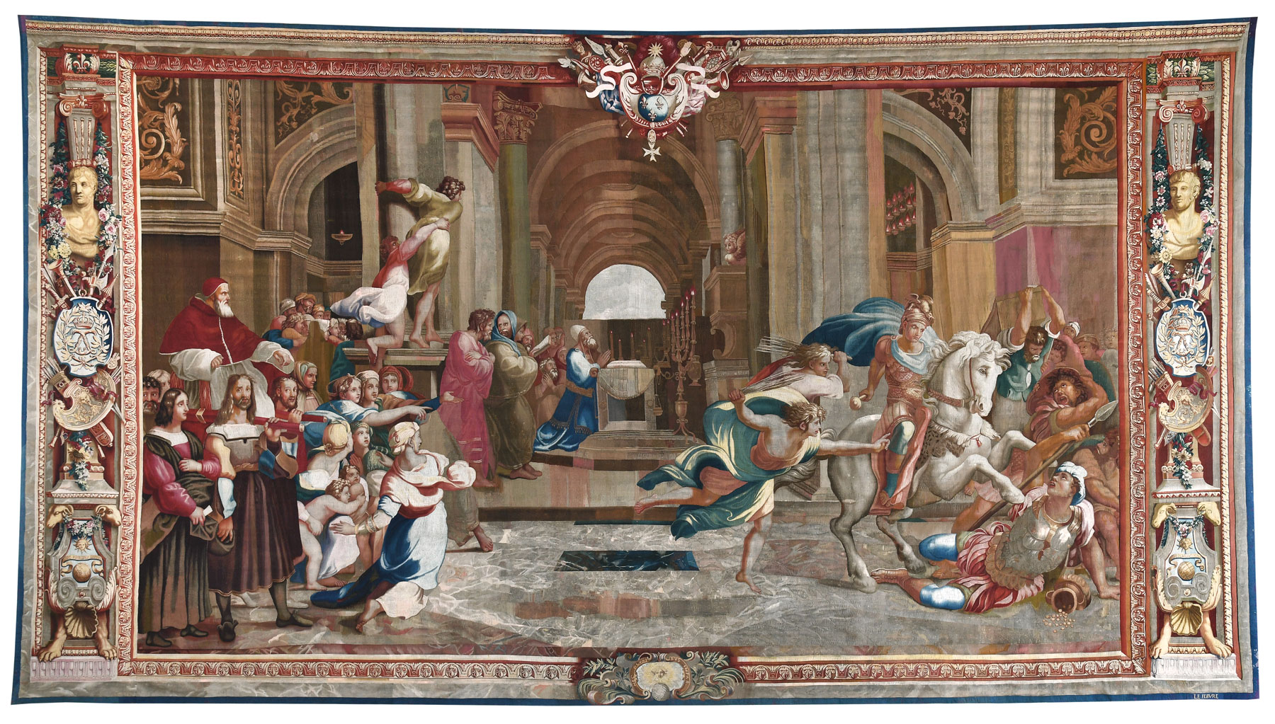 Manifattura Gobelins (da Raffaello), Cacciata di Eliodoro dal tempio (XVIII sec.; arazzo, 500 x 895 cm; Parigi, Mobilier National, inv. GMTT 175/3)
 Manifattura Gobelins (da Raffaello), Cacciata di Eliodoro dal tempio (XVIII sec.; arazzo, 500 x 895 cm; Parigi, Mobilier National, inv. GMTT 175/3)