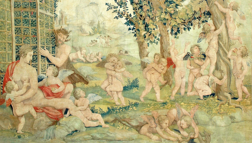 Manifattura di Nicolas Karcher su cartone di Giulio Romano, Venere spiata da un satiro con i puttini (1539-1540; arazzo in lana e seta; 410 × 450 cm) © Gian Maria Pontiroli per Fondazione Palazzo Te
 Manifattura di Nicolas Karcher su cartone di Giulio Romano, Venere spiata da un satiro con i puttini (1539-1540; arazzo in lana e seta; 410 × 450 cm) © Gian Maria Pontiroli per Fondazione Palazzo Te