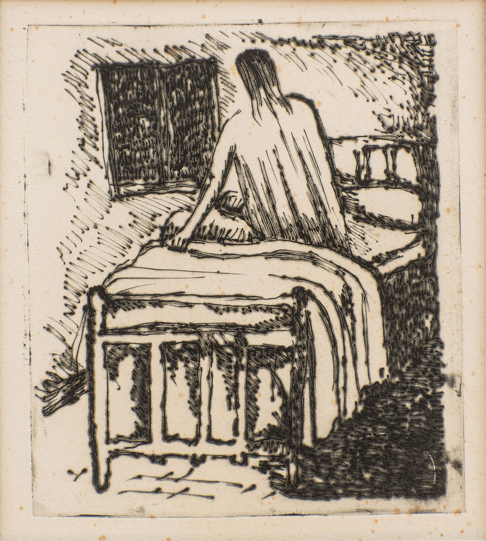 Arturo Martini, L’attesa (1935; pirografia su linoleum o celluloide, 17,5 x 15,3 cm su carta di 35 x 25 cm)
