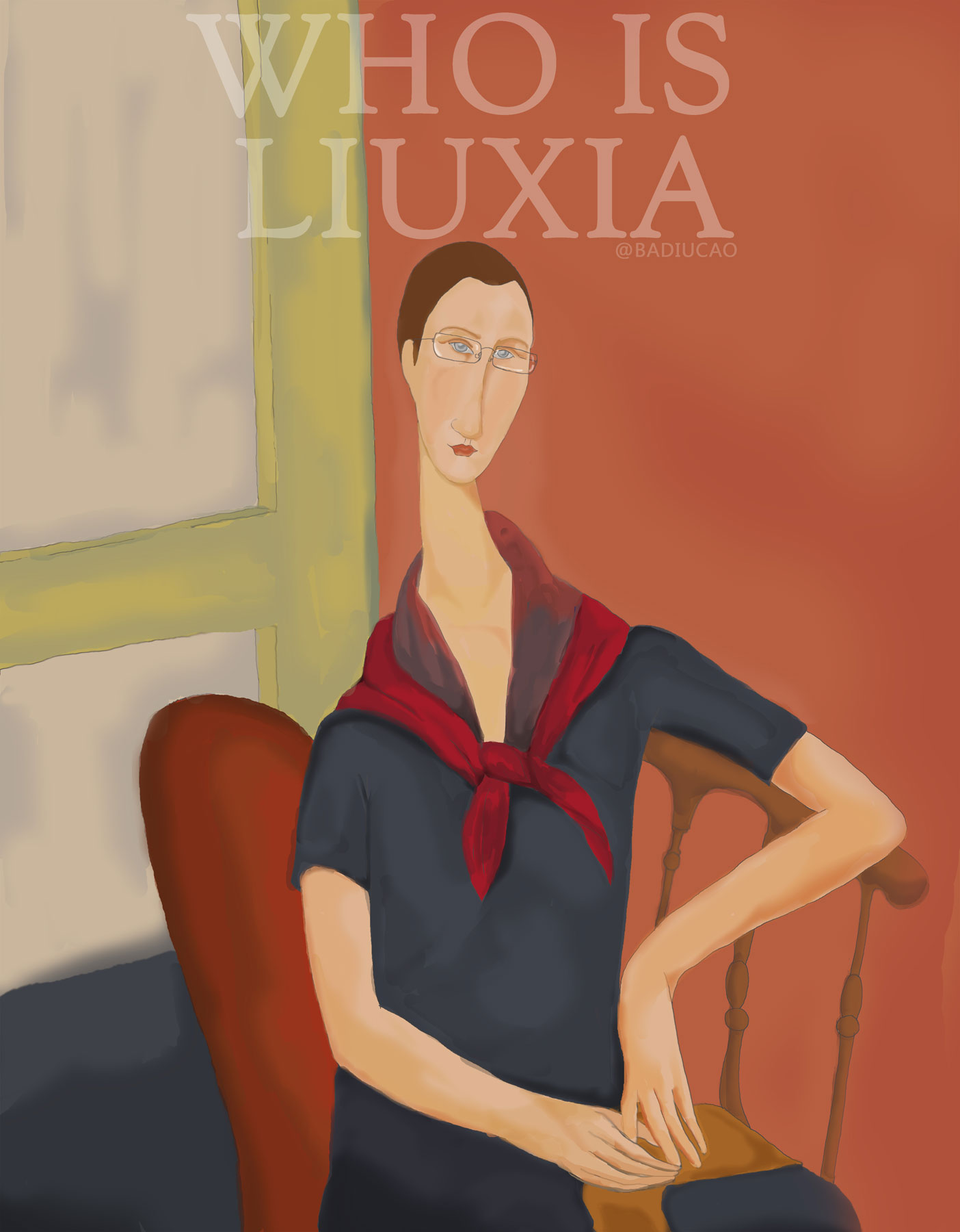Badiucao, Who Is Liu Xia / Modigliani, dalla serie Art for Liu Xia (2018; stampa digitale su bandiera, 170 x 130 cm)
