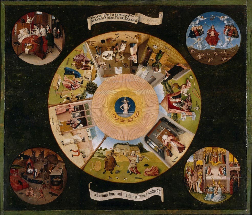 Hieronymus Bosch, Sette peccati capitali (1500-1525 circa; olio su tavola, 120 x 150 cm; Madrid, Museo del Prado)
