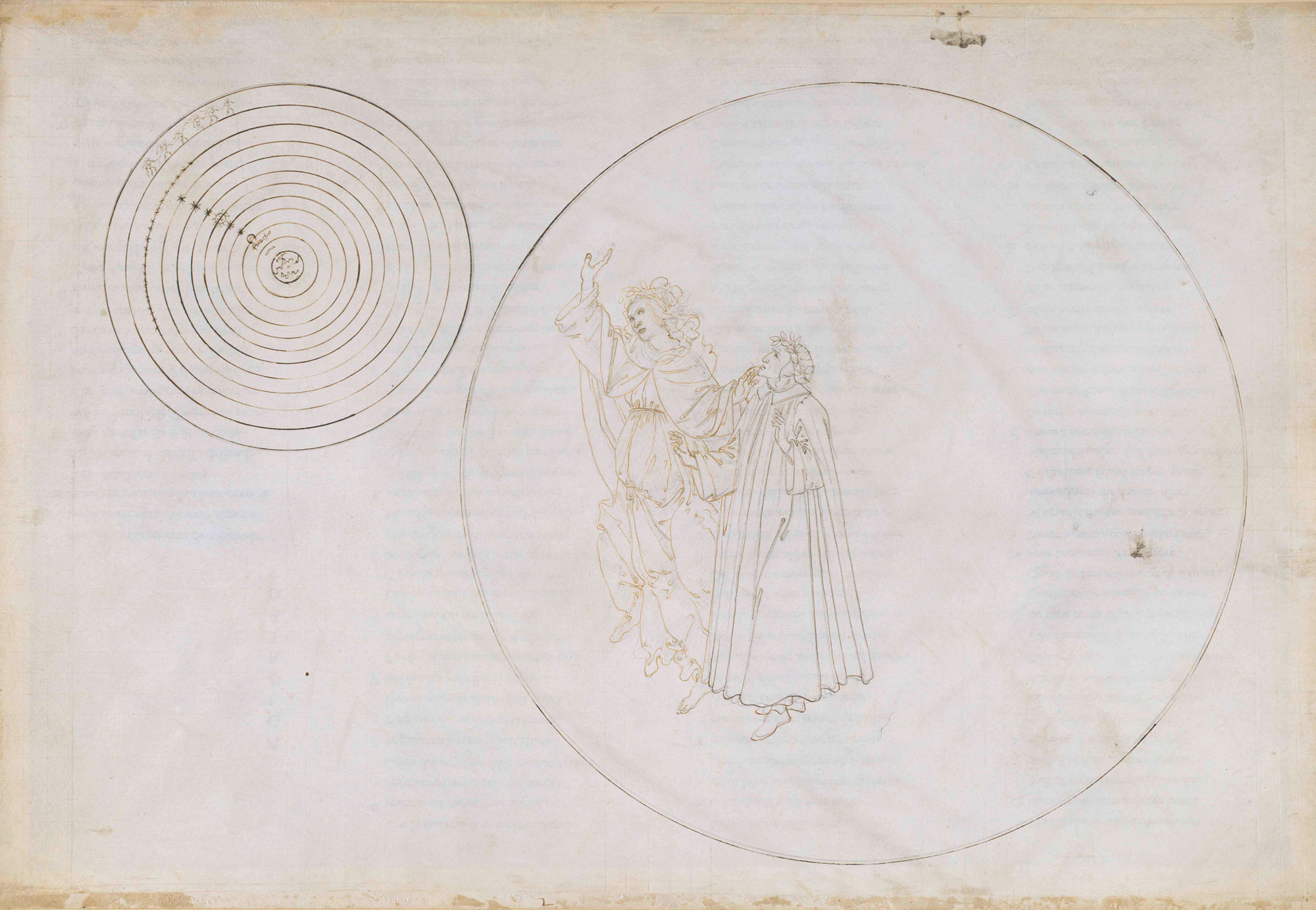 Sandro Botticelli, Prima sfera dei pianeti (cielo della Luna). Beatrice spiega il Paradiso a Dante l’origine delle macchie lunari e l’ordinamento de cosmo Par. II (1492-1495; penna e inchiostro marrone su preparazione a punta d’argento su pergamena, 322 × 470 mm; Berlino, Staatliche Museen, Kupferstichkabinett)
