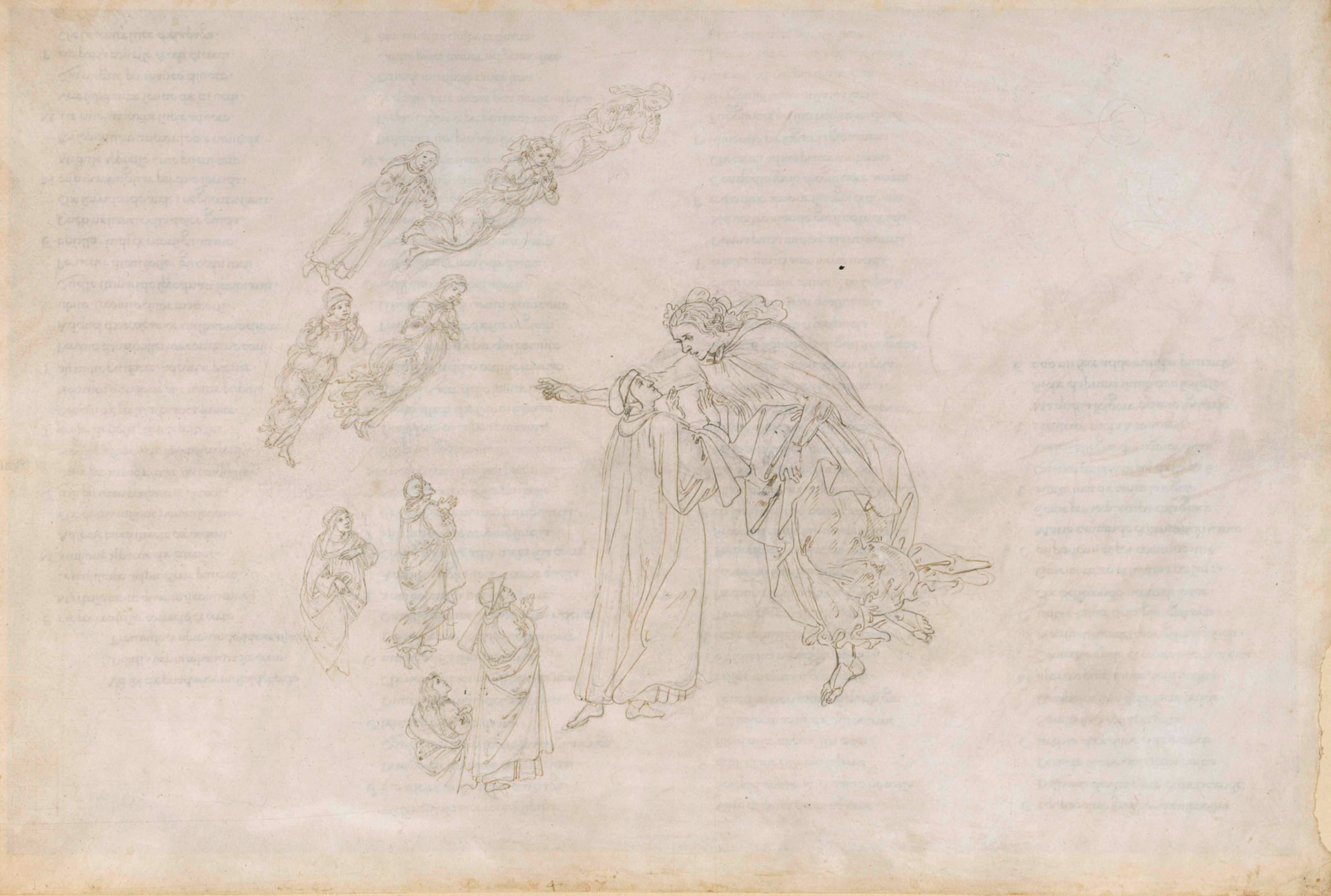 Sandro Botticelli, Prima sfera dei pianeti (cielo della Luna). Beatrice spiega a Dante la vera sede dei Beati, Par. IV (1492-1495; penna e inchiostro marrone su preparazione a punta d’argento su pergamena, 322 × 470 mm; Berlino, Staatliche Museen, Kupferstichkabinett)
